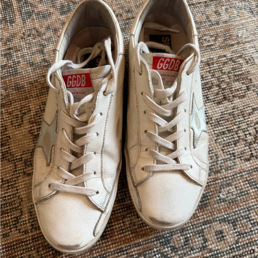 Golden Goose White and Silver Sneakers